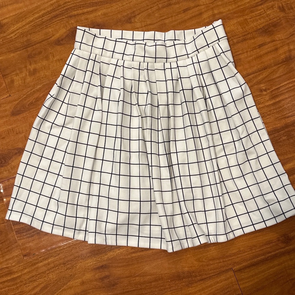 White Black Windowpane Grid Pleated Mini Skirt High Waisted Side Zip A-Line